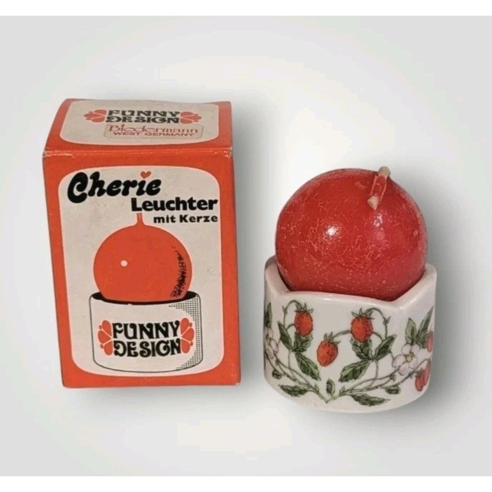 NOS Ball Candle Strawberry Holder Funny Designs Vtg Cherie Leuchter Box Ceramic